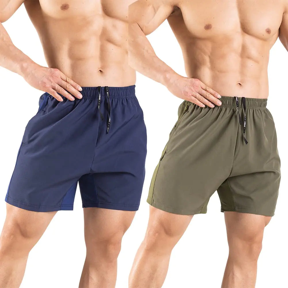 Men's 5" Running Shorts 2 Pack Quick Dry Athletic Workout Gym Shorts with Zipper Pockets Medium Navy/Green