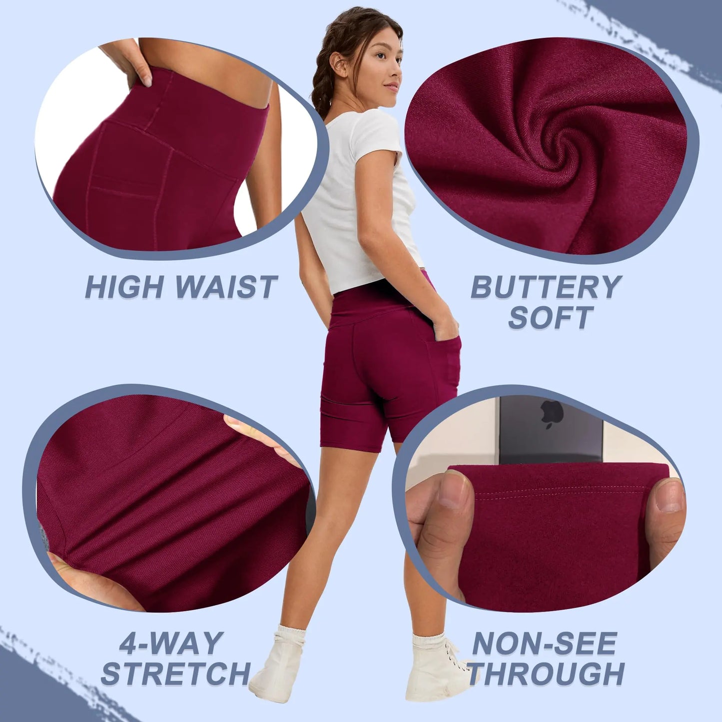 CAMPSNAIL Biker Shorts Women with Pockets - 3"/5"/8" High Waisted Workout Spandex Tummy Control Gym Running Yoga Shorts 5 inch XX-Large Burgundy